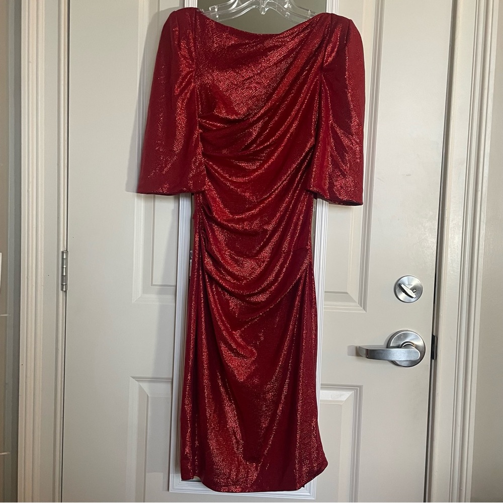 Eliza J Red Sparkly Shimmer Draped Dress Evening Semi Formal Gown Womens Size 6